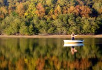 Boats anchored on Powdermill Reservoir